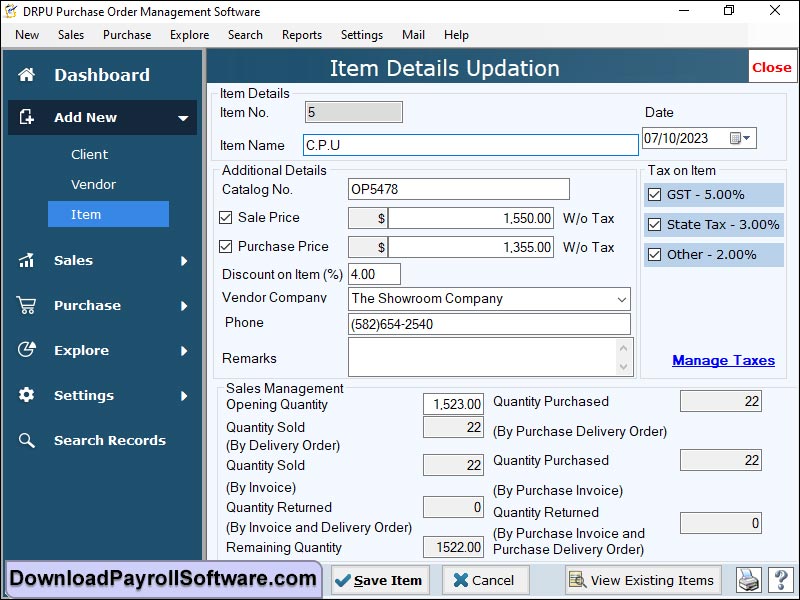 Screenshot of Download Purchase Order