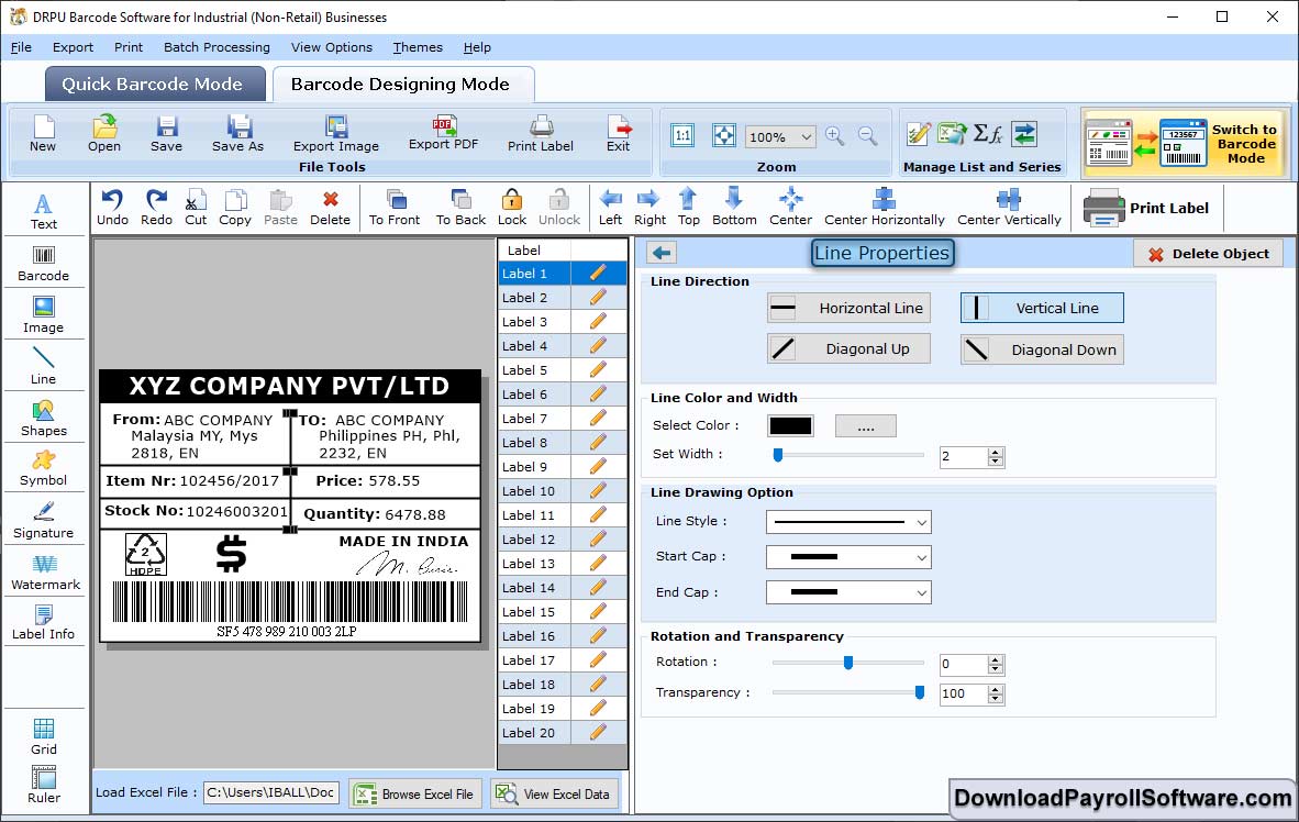 Barcode Designing View - Line Properties