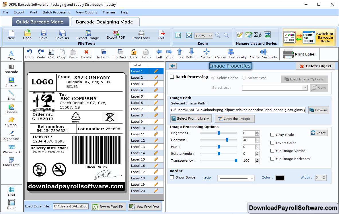 Barcode Designing View - Image Properties