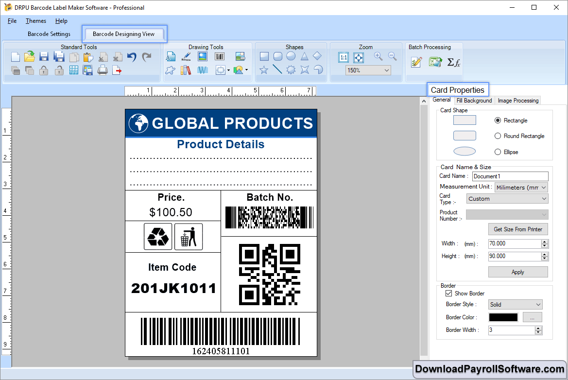 Barcode Designing View - Card Properties