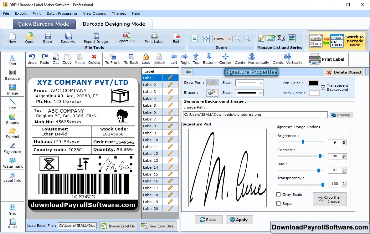 Barcode Designing View - signature Properties