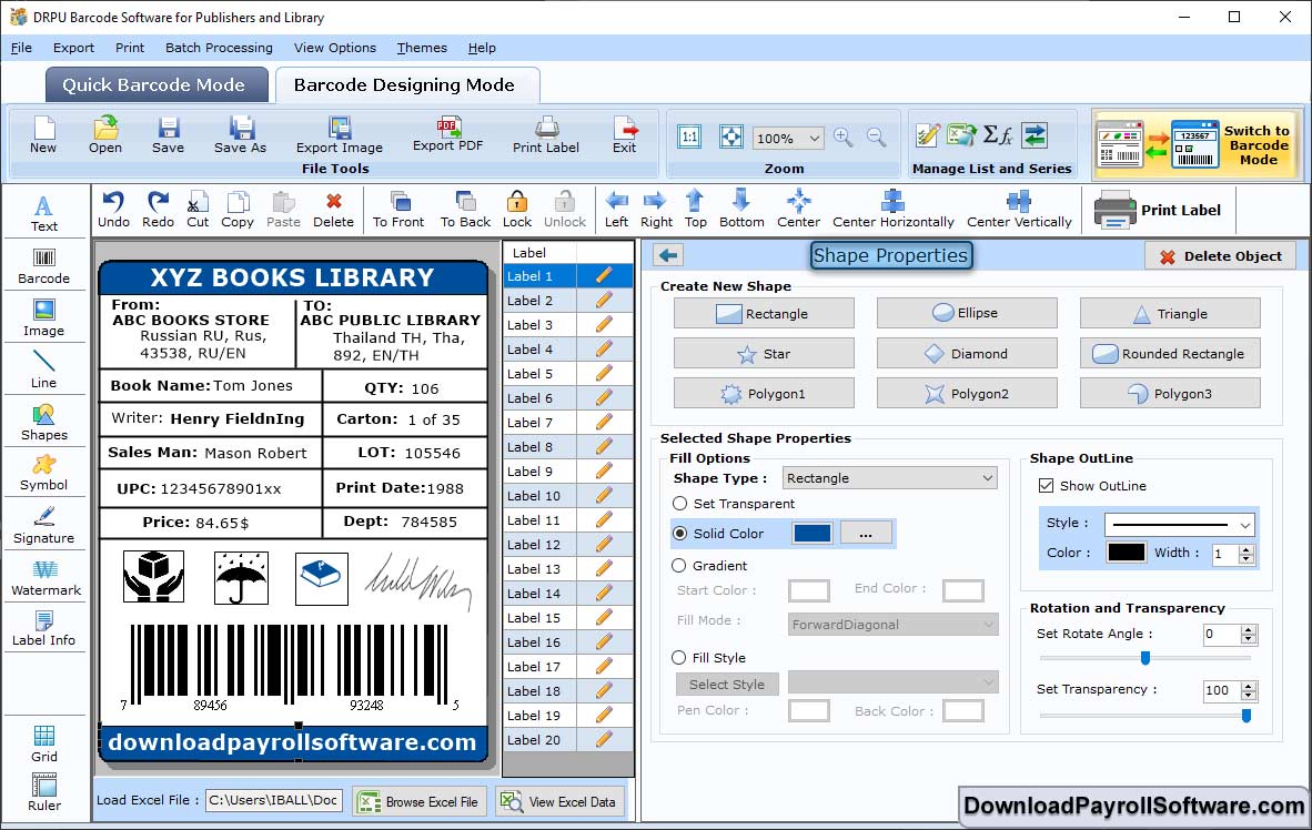 Barcode Designing View - Shape Properties